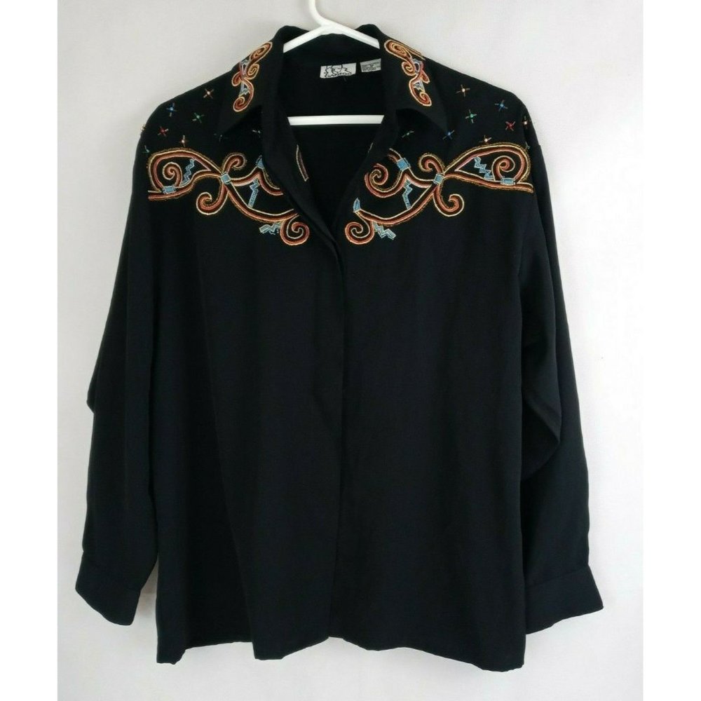 Vintage Gantos Women's Black Blouse With Metallic Beaded Embroidery Size Medium